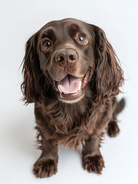 A sitting happy brown cocker spaniel dog isolated on a white background.