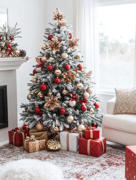 Beautiful christmas tree decorated with red and gold ornaments and surrounded by wrapped gifts isolated on white background.