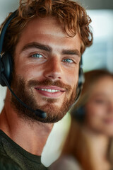 Engaging Customer Service Representative: Bright Smile and Focused Determination in a Modern Office Setting