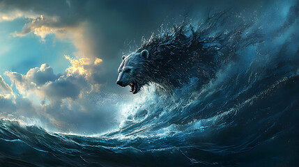 Obraz premium Polar bear emerging from ocean wave, dramatic sky, environmental impact illustration