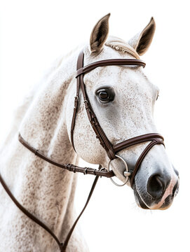 Close up portrait of a white horse isolated on white background , animal.