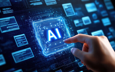 Generative AI artificial intelligence generate text document and abstract papers. Man touching AI icon on electronic circuit board.
