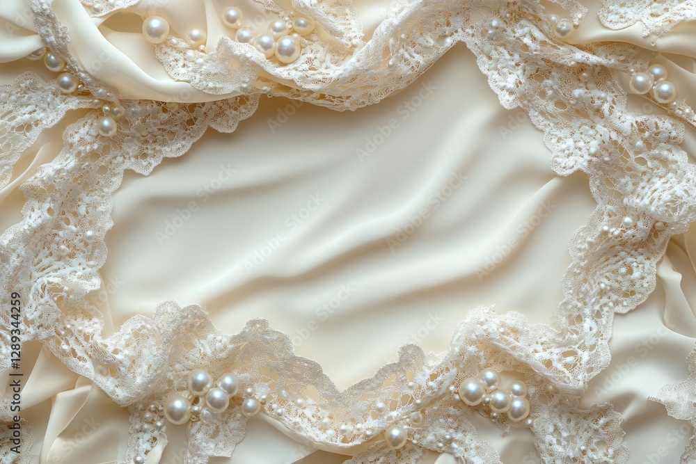 Aufkleber elegant background displaying a smooth ivory silk fabric adorned with delicate lace and shimmering p