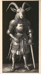 Fototapeta premium Intricate Medieval Woodcut Featuring a Knightly Goat