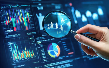 Digital and internet marketing analytics. Statistics data of market and customer research. Magnifying circle chart and graphs.
