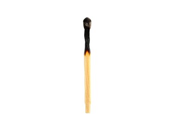 A single burned matchstick isolated on a white background, with a clipping path included. The charred tip and wooden body contrast against the clean, minimalistic backdrop