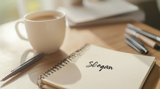 Naklejki Spiral notebook with slogan inscription on wooden table with coffee cup and pens, concept of marketing and advertising