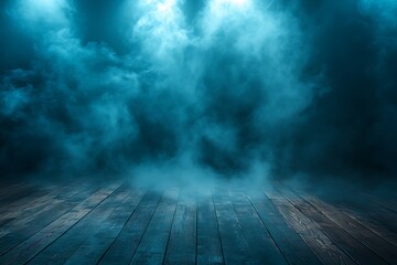 Mystical Blue Fog Over Wooden Floor