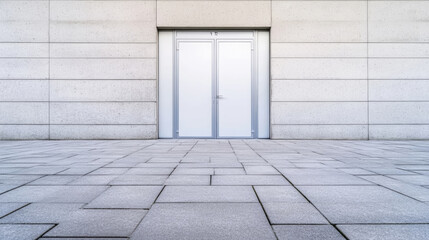 Fototapeta premium Minimalist architectural photography showcasing a modern gray wall with double doors and textured pavement, emphasizing industrial aesthetics