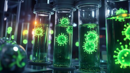 Laboratory test tubes with glowing viruses