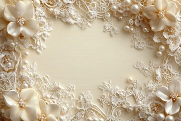 Elegant wedding background featuring white lace, silk flowers, and pearls arranged in a frame on a cream-colored surface