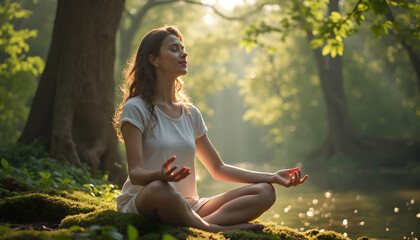 A girl sits in lotus pose meditating in a park, in a forest. In nature, in the fresh air. Smiling girl. Relaxation and tranquility. Meditation and yoga.