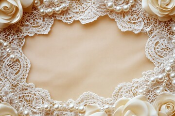 Elegant wedding background framing beige surface with lace, pearls and roses creating a sophisticated design, perfect for wedding invitations