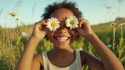 Smiling young girl holds daisies over her eyes, enjoying a sunny day in a field of wildflowers