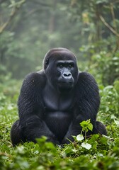 In a misty jungle clearing, a rare Cross River gorilla sits, its dark fur merging with the dense greenery. Its thoughtful eyes reflect wisdom as it watches its surroundings. High contrast, highly deta