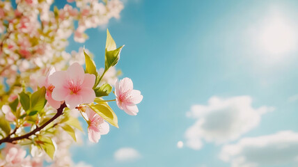 Blooming pink cherry tree branch against a bright blue sky with few clouds and sun shining, celebrating the arrival of spring season