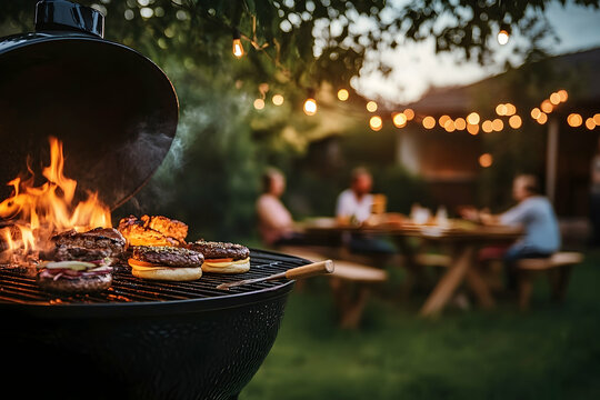 Backyard barbecue party with family grilling burgers outdoors