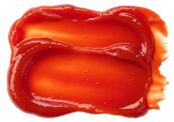 A smear of red ketchup is spread across a white background, showcasing its thick and glossy texture. The tomato-based puree has a rich color and smooth consistency, perfect for culinary use