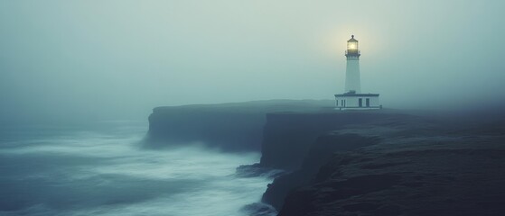 Fototapeta premium A solitary lighthouse stands resolute amidst a foggy coastline, its beam guiding the way through the mist-laden cliffs and turbulent seas.