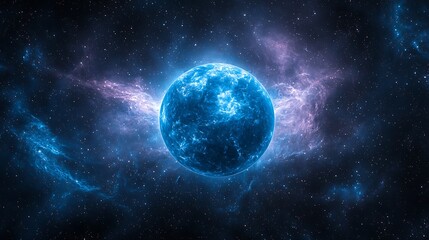 Bright blue glowing celestial body radiating in deep space, nebula backdrop
