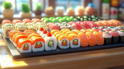 Restaurant sushi platter, sunlit setting, diverse rolls, background blurred