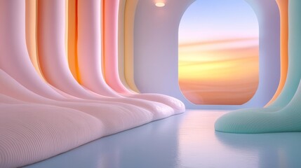 A serene soft-toned room featuring organic curves and pastel-colored walls. Generative AI