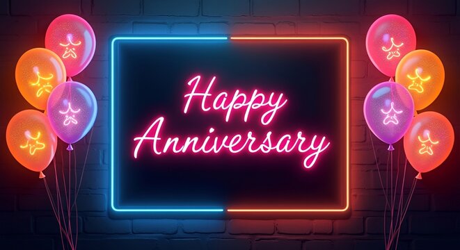 neon anniversary typography, vibrant celebration sign, glowing pink cursive text, stylish neon love sign, modern digital decor, artistic rainbow neon glow, sophisticated high-energy celebration, elect