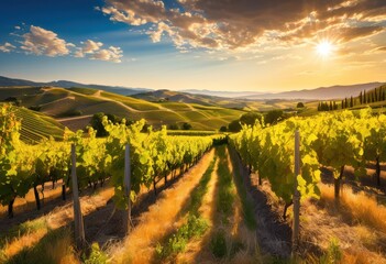 Fototapeta premium colorful vineyard scene showcasing lush grapes bathed sunlight picturesque background, autumn, basket, bloom, countryside, cart, decor, exquisite, fall