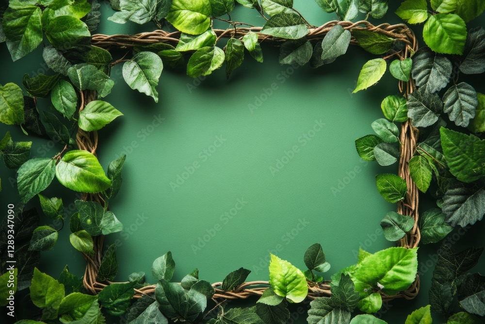 Poster green leaves and branches forming a rectangular frame on a plain green background, creating a natura