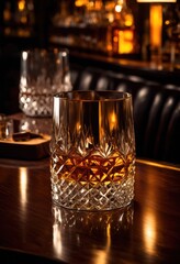 stunning reflection whiskey glass enhanced dramatic light shadow elements visual impact artistic presentation, reflections, drink, beverage, tumbler, ice