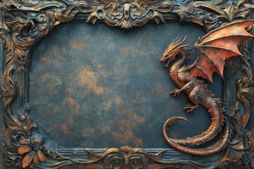 Copper dragon relief sculpture is set against a textured background within an ornate frame, creating a dramatic and fantastical scene with ample copy space