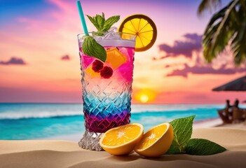 Obraz premium vibrant colorful iced drink presented elegant glass decorative elements set splendid background, beverage, stylish, cocktail, refreshing, icy, chilled