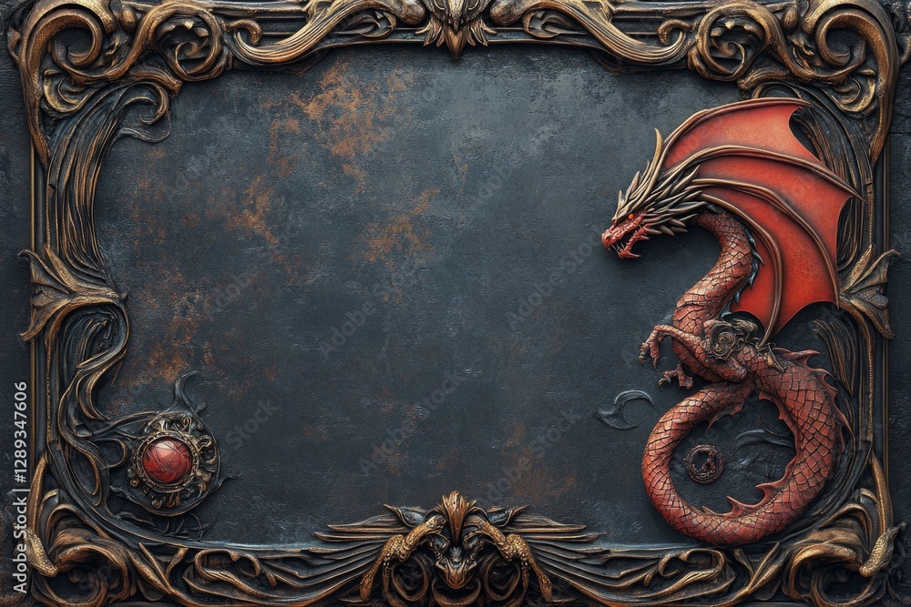 Poster intricate golden frame featuring a majestic red dragon, creating a captivating backdrop with ample c