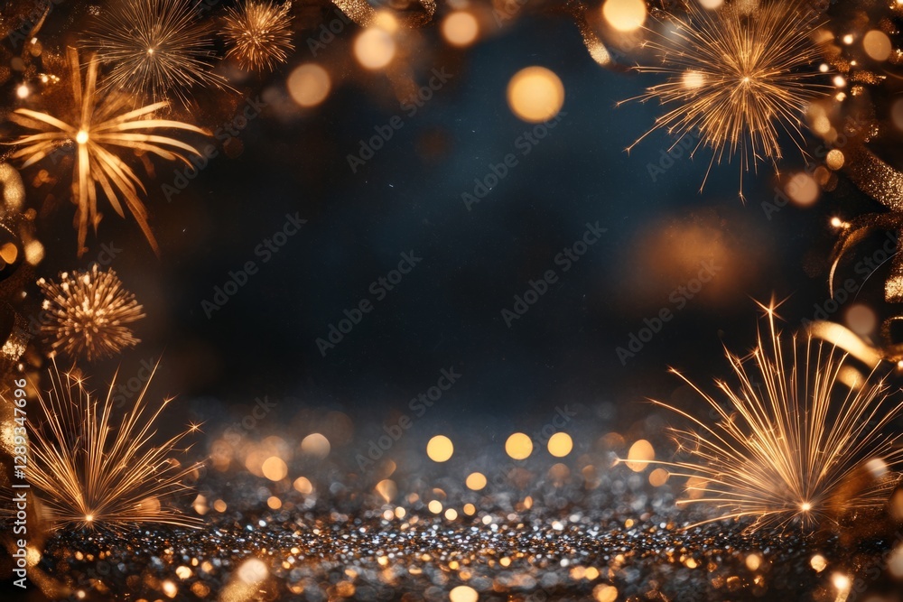 Poster festive background featuring exploding fireworks, sparkling glitter, and soft bokeh lights, perfect 