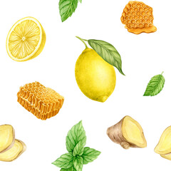 Seamless pattern with Lemon, honey, ginger and mint. All elements are hand-drawn in watercolor, isolated from the background. Healthy, medicinal, natural products in a pattern for food design.