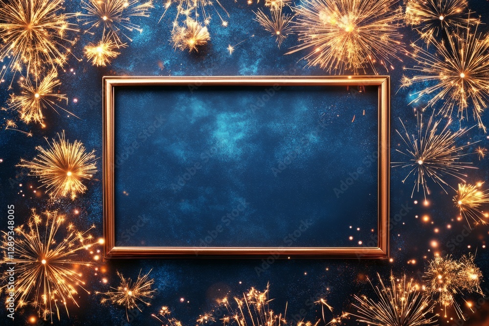 Aufkleber golden frame surrounded by bright fireworks exploding on a textured blue background, creating a fest