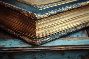 Obraz premium Close-up of an antique gold-gilded book with intricate designs, resting on a weathered, rustic wooden surface