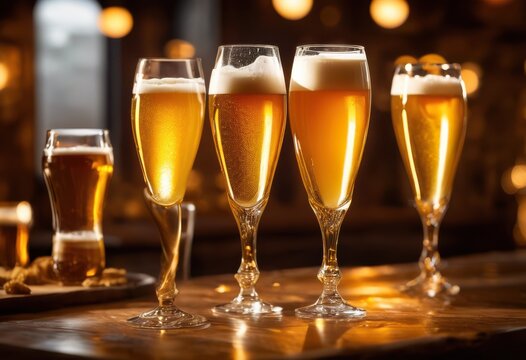 close imagery frothy craft beer poured glasses rich layer glimmering under light, amber, ale, artisan, bubbles, brew, carbonation, chill, creamy, deluxe - Powered by Adobe