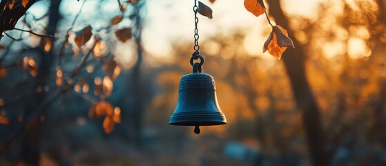 Obraz premium A delicate bell hangs against a background of dry leaves and a soft, sunlit sky, symbolizing melancholy and beauty.