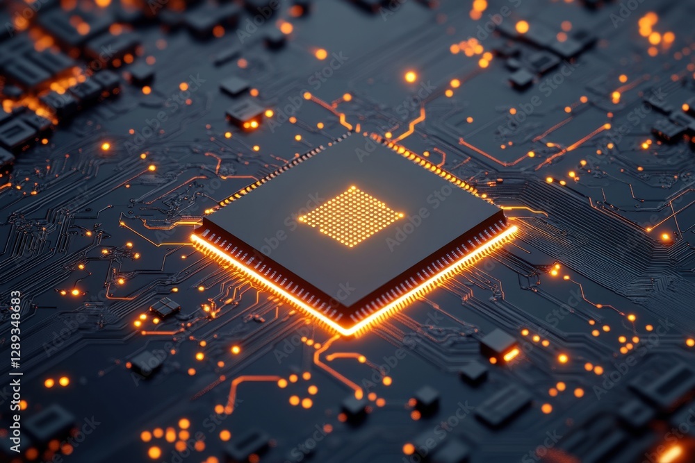 Poster 3d illustration of a glowing ai chip on a circuit board, symbolizing advanced technology and artific