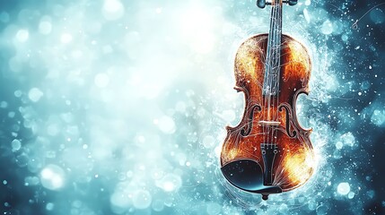 Fototapeta premium Brown violin glowing in a swirl of blue and white particles against a blurred background
