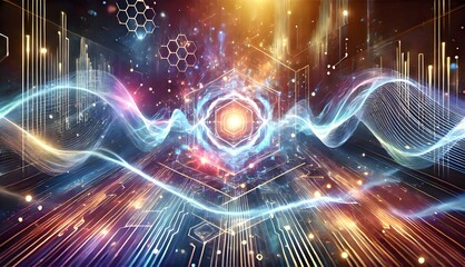 Fototapeta premium the abstract digital artwork representing energy waves and magnetic fields flowing through glowing geometric shapes, symbolizing magnesium's role in the body