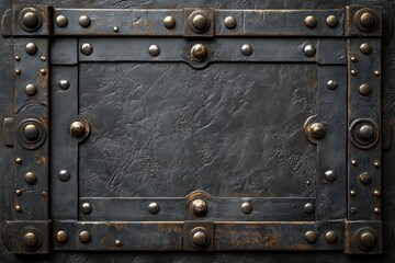 Fototapeta premium Decorative metal frame bordering dark textured background, featuring rivets and studs, creating a vintage or industrial aesthetic