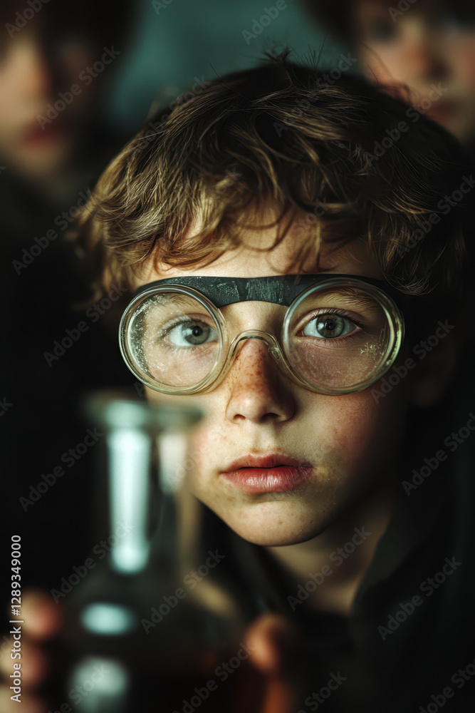 Poster a young scientist in a laboratory exploring experiments with curiosity and innovation, capturing the