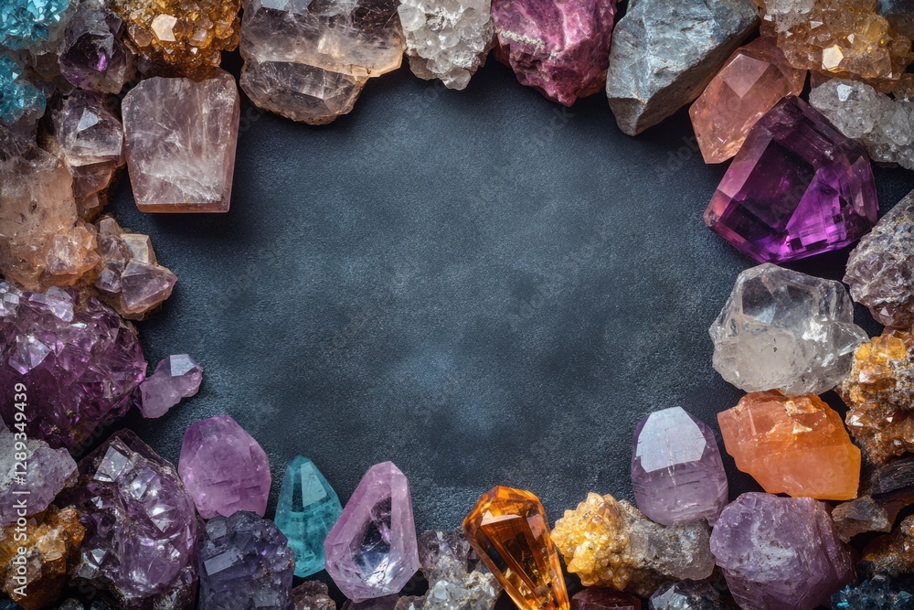Poster variety of colorful gemstones creating a frame on a dark background with copy space