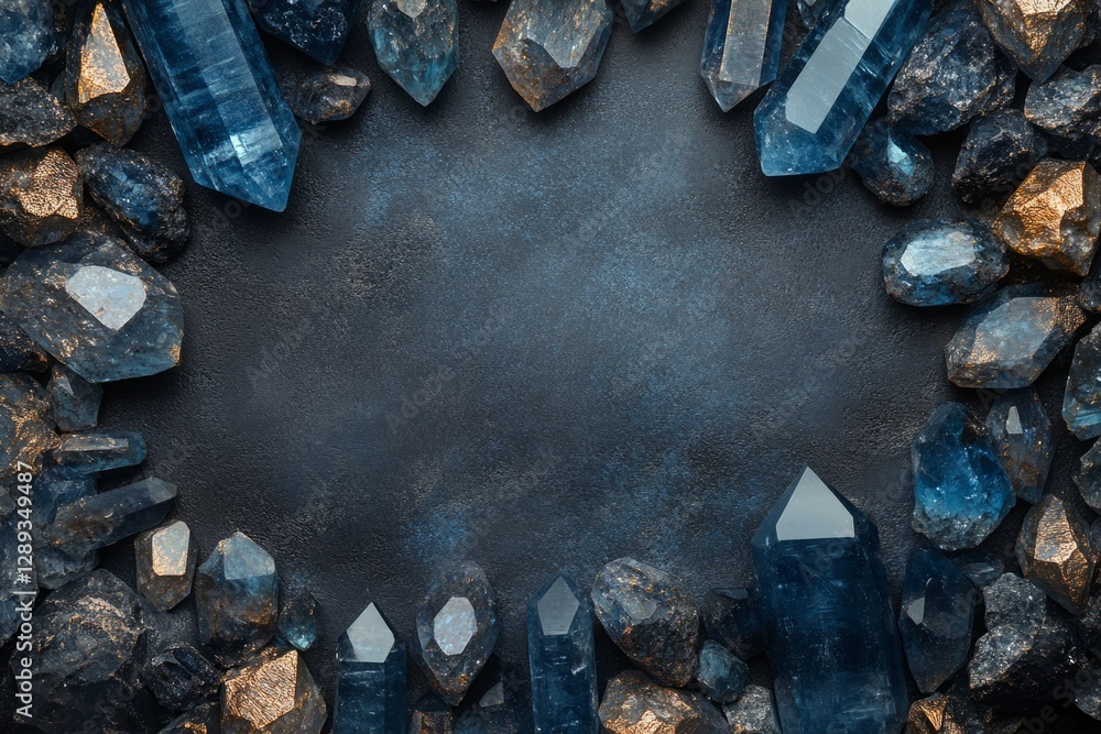 Aufkleber beautiful blue kyanite and pyrite crystals arranged on a dark background creating a frame with empty