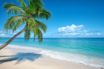 serene tropical beach featuring swaying palm tree against clear blue sky and calm turquoise waters. soft sand invites relaxation and tranquility