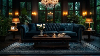 An elegant velvet sofa with a crystal chandelier soft lighting and decorative plants creating a cozy atmosphere. Generative AI