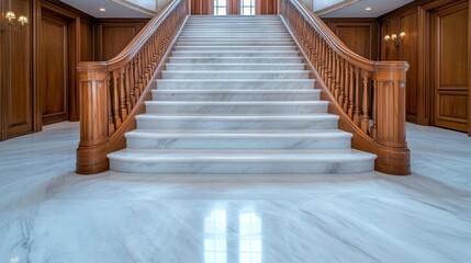 Elegant Marble Staircase with Dark Wood Railings Leading to an Upper Landing. Generative AI