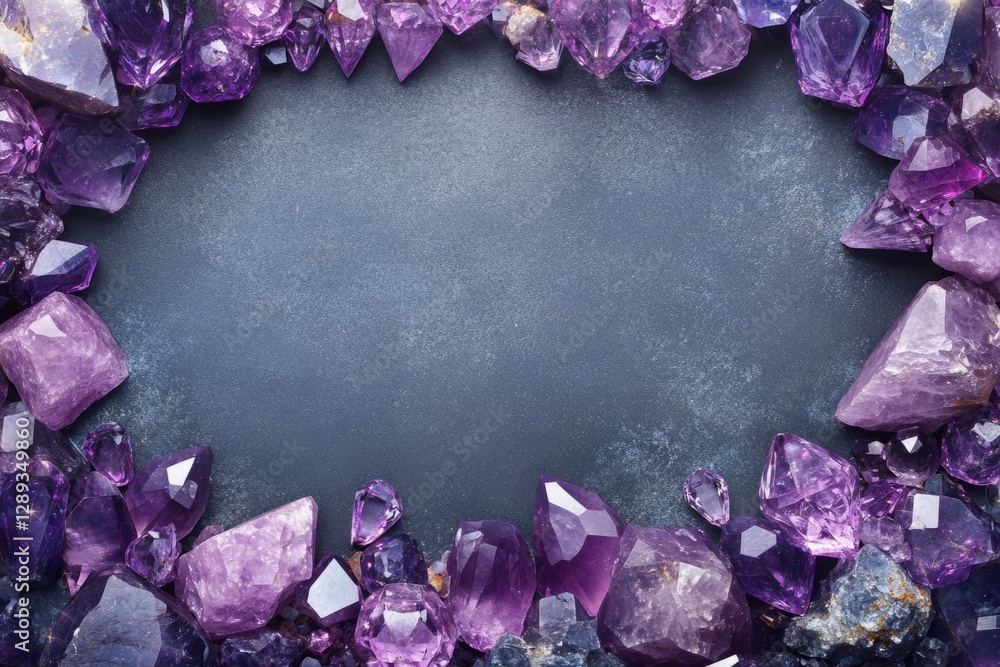 Poster beautiful amethyst crystals arranged on a dark background forming a frame with empty space in the ce